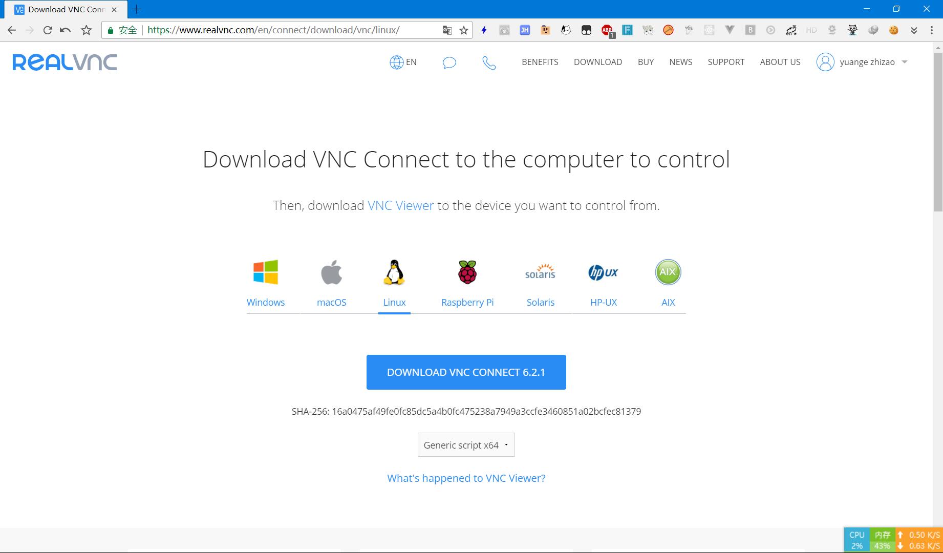 下载VNC-Server-6.2.1-Linux-x64-ANY.tar.gz